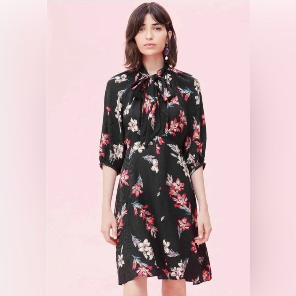 Rebecca Taylor Womens Black Floral Tie Tie Neck Fit + Flare Dress Sz 2